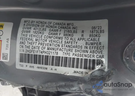 2023 Honda Civic Ex /Ex W/O Bsi from USA, damaged, VIN 2HGFE1F74PH321178